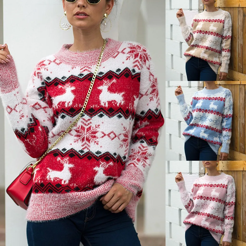 

Women Christmas Sweater Autumn and winter Long Sleeve O-Neck Printed knitting Sweater Tops sweters women invierno 2019 mujer