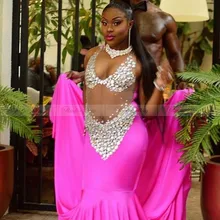 Сексуальное платье с v-образным вырезом, украшенное кристаллами, ярко-розовое, в африканском стиле, платье для выпускного вечера для девочек, Длинные вечерние платья для выпускного вечера, женское вечернее платье