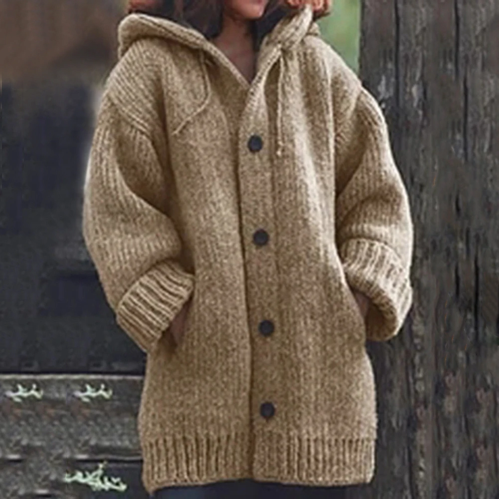 Осенне-зимний женский длинный кардиган, Однотонный свитер с капюшоном, длинное пальто, зимнее женское вязаное пальто размера плюс 5XL, повседневная трикотажная одежда