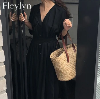 

FLOYLYN New 2020 Women Dresses Spring Summer Cotton Linen Elegant Ladies Pleated Long White Dresses V Neck Lace Up Bow