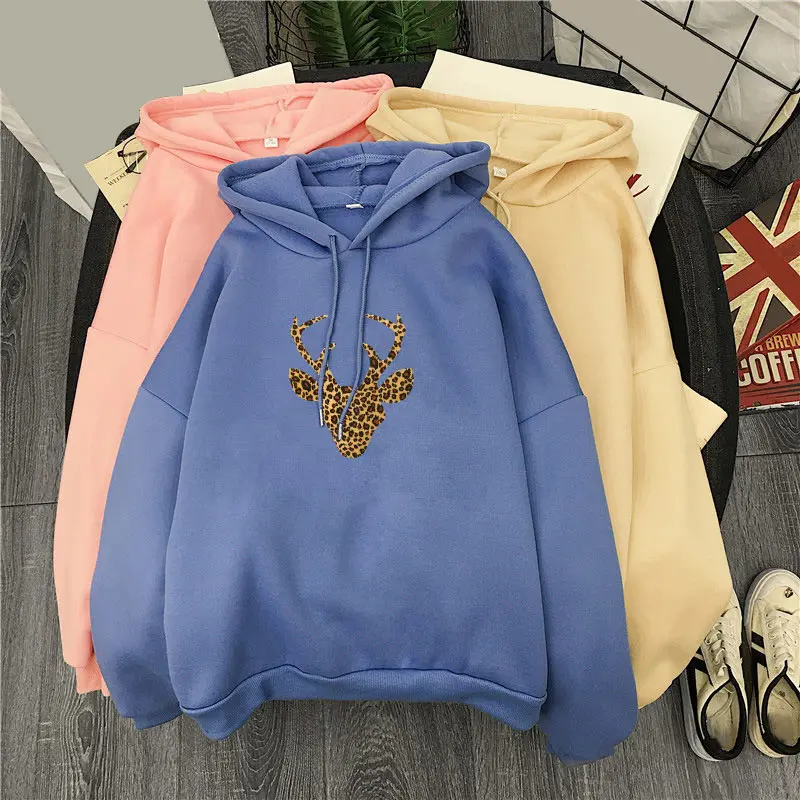 Elk Head-Blue Весенне-осенняя Женская толстовка в стиле Харадзюку, толстовки с капюшоном и длинными рукавами, Женская флисовая толстовка с капюшоном и принтом динозавра, пуловер для женщин - Цвет: Elk Head-Blue
