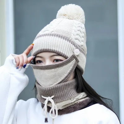4 Шерстяной вязаный толстый зимний помпон Skullie шапка маска-ободок наборы Для женщин шапка; шарф шеи Теплая одежда с ушками модные Accessories-CGC-W7 - Цвет: 4