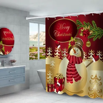 

4-piece Home Happy Shower Christmas 3D Digital Printing Christmas Snowman Shower Curtain Bathroom Floor Mat Base Mat Toilet Mat