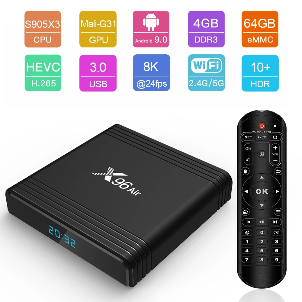 

X96 Air Android TV Box Android 9.0 Amlogic S905X3 Smart TV Box 4K Android Box 4GB 64GB X96Air Quad Core 2.4G&5G Wifi BT4.1 H.265