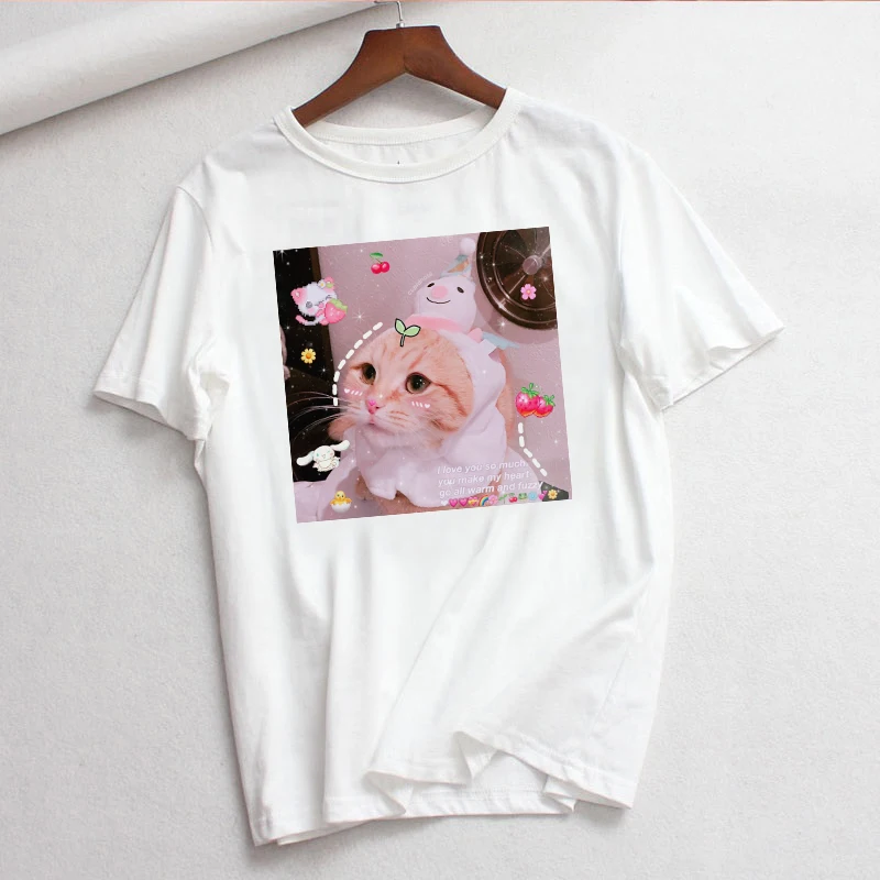 Корейский Ulzzang Кот любит животных Собака печати милый короткий рукав топы тройники Свободные Большой размер забавная парная футболка одежда Хлопок