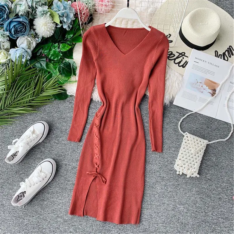 

Autumn Winter V Neck Split Knit Wool Dress Slim Fit High Waist Bodycon Bottom Vestidos Sweet Cross Drawstring Dress