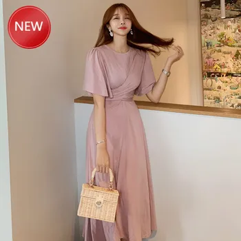 

Maxi Dress Sexy Loose Long Women Summer Cotton Pink O-neck Short Butterfly Sleeve Mid-calf Dress Vestidos Plus Size 2020
