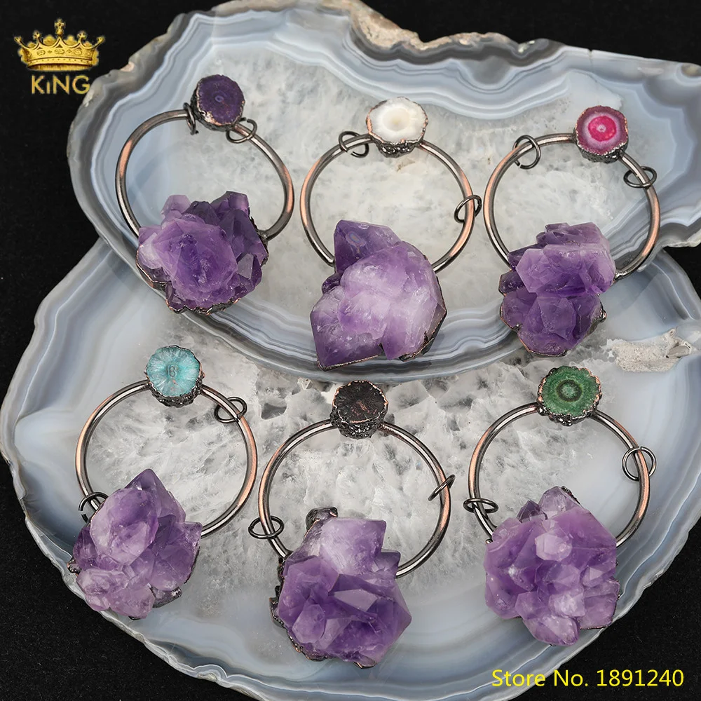 

5pcs Natural Amethysts Quartz Nugget Cunky Beads Hoop Charms Pendant Jewelry,Rose Red Sun Flower Druzy Agates DIY Jewelry