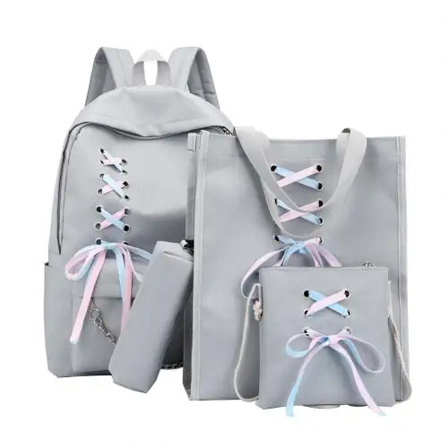 4pcs/set Preppy Style Bandage Chain Decoration Backpack Girls Student Shoulder Bag Handbag Pencil Case Backpack Schoolbag hot sl - Цвет: Grey