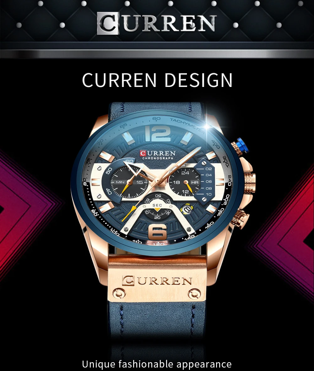 2021 CURREN Men Watches Top Brand Luxury Blue Leather Chronograph Sport Watch For Men Fashion Date Waterproof Clock Reloj Hombre