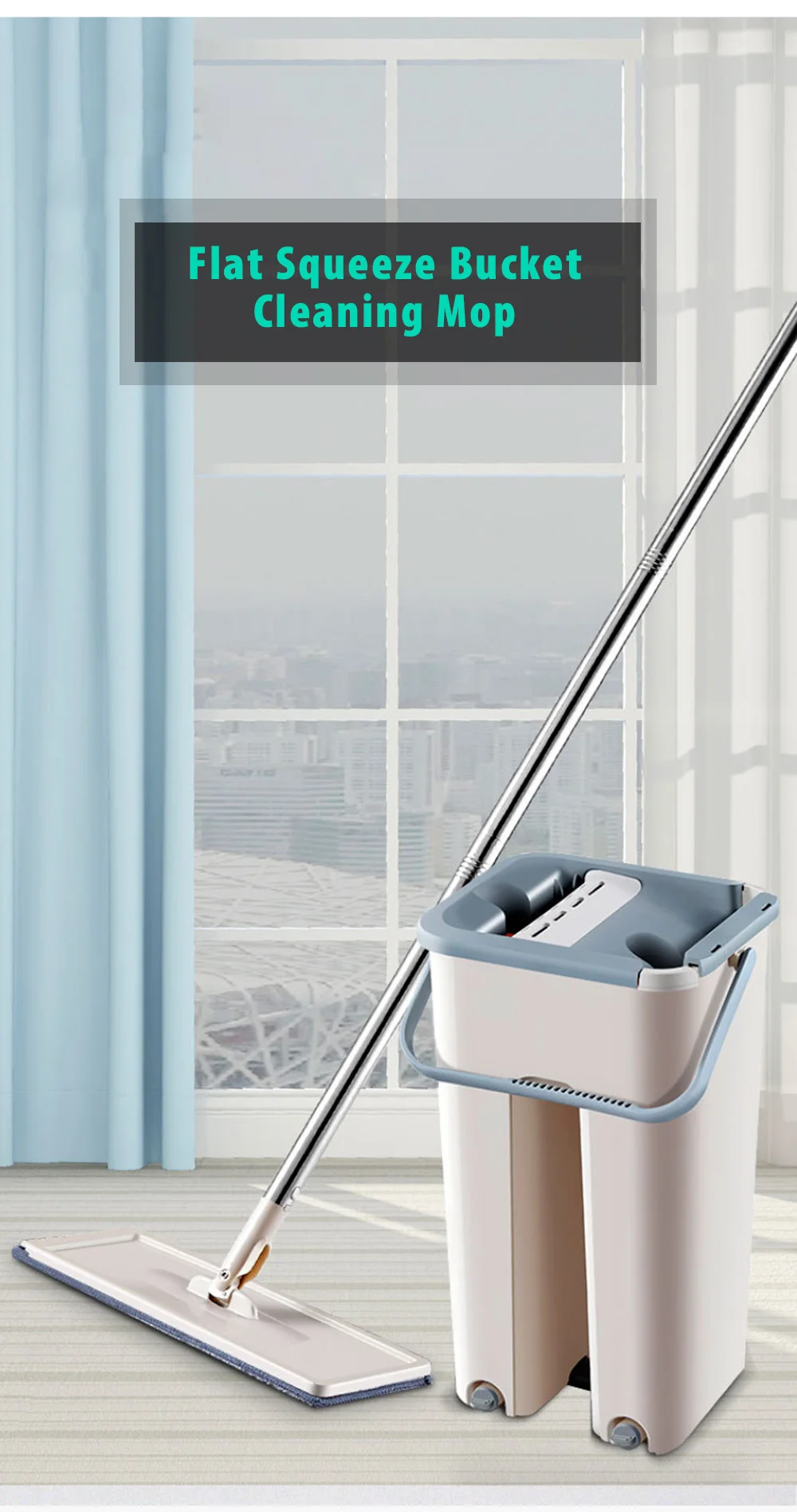 Flat Squeeze Bucket Hand Free Wringing Floor Household Cleaning Mop 