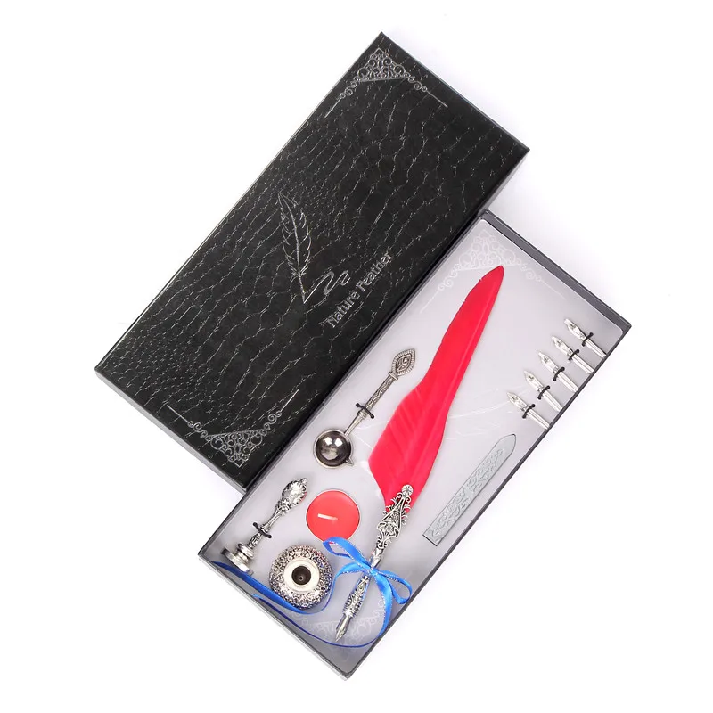 Red New European Feather Pen Creative Business Gift Signature Pen Personality Design Multicolor Student High Quality Stationery Set - Цвет: Red
