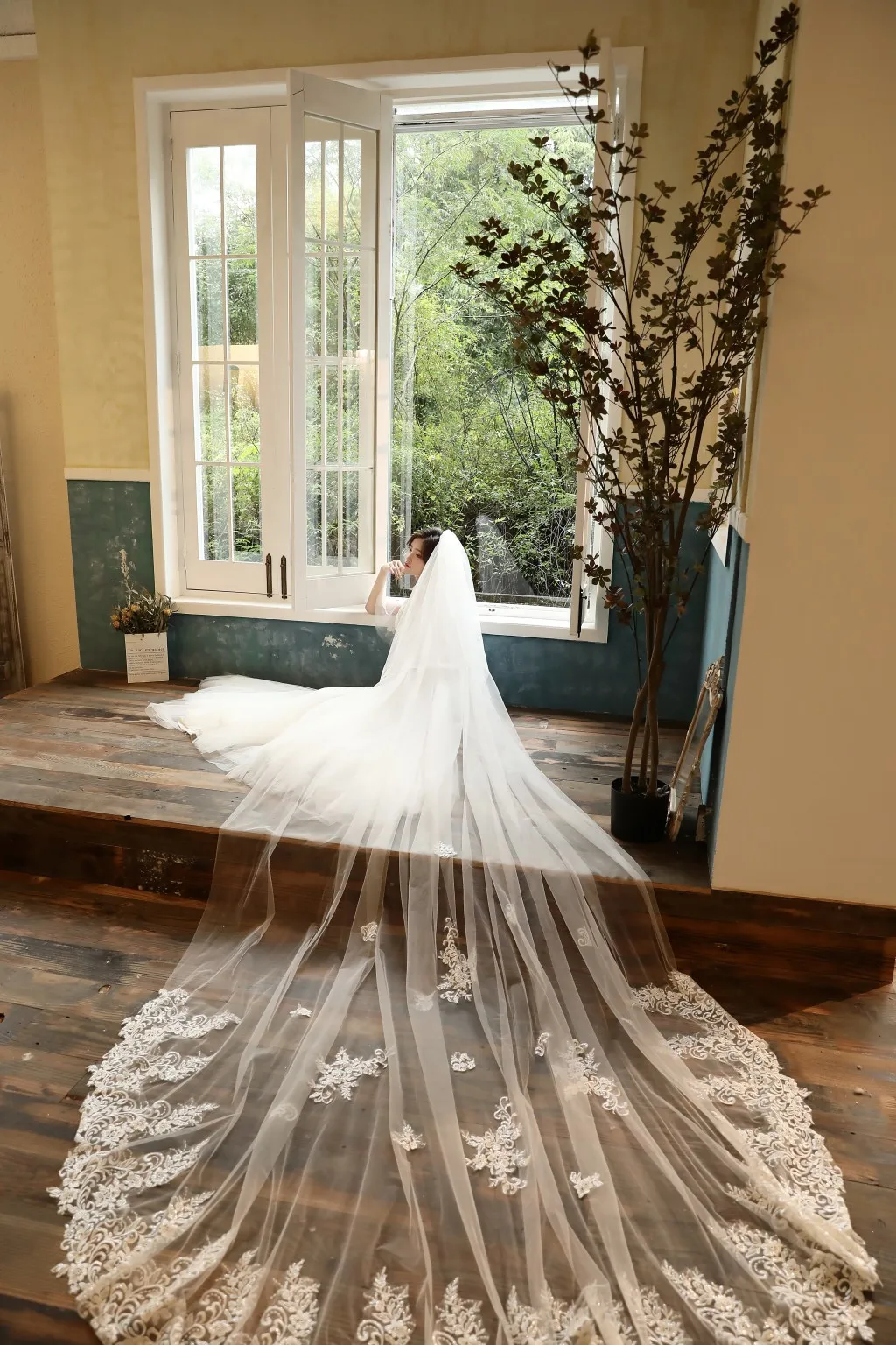 Сделанные на заказ роскошные длинные широкие 3*3,5 м Бусины кружева аппликация Фата невесты с гребнем белые и шампанги тюлевые Свадебные вуали