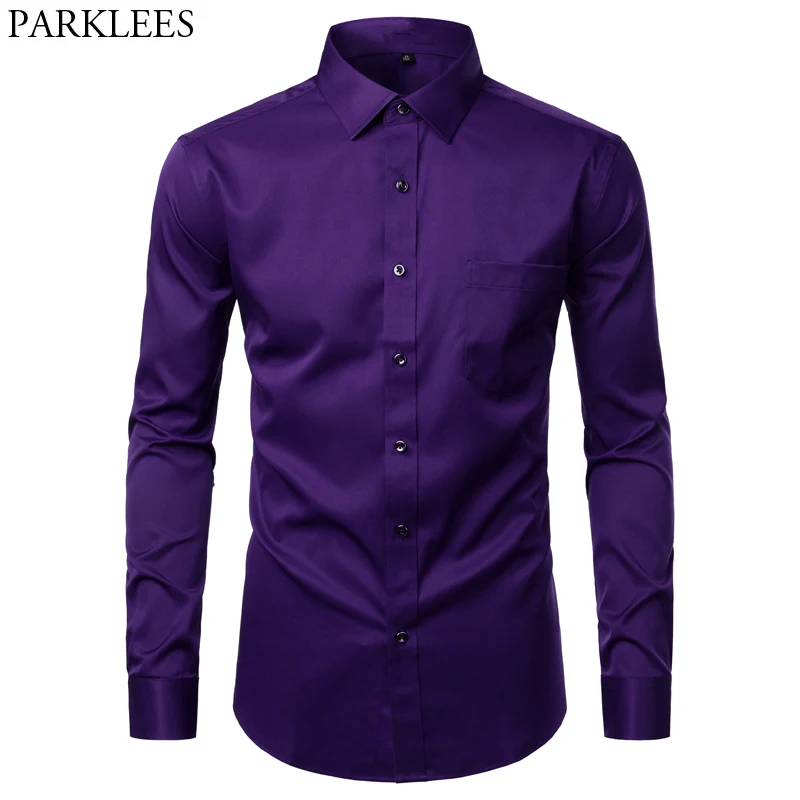 Camisas de vestir moradas para hombre, camisa de trabajo de fibra de bambú, elástica, para oficina, boda, sin hierro, mantenimiento fácil, Formal