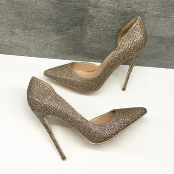 

Fashion Free Shipping Women Champagne Glitter Sequined Cut-outs Poined Toe Stiletto High Heel Pump HIGH-HEELED SHOE Dress Shoes