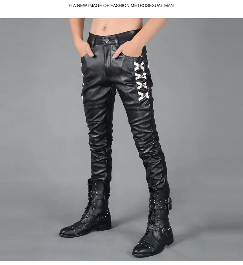 Мужские кожаные брюки черные облегающие с прострочкой одежда для мужчин на осень
