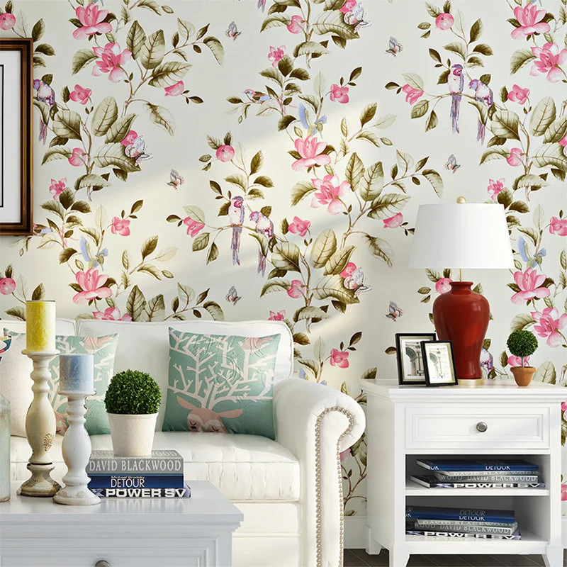 

Romantic pink flower with green leaf wallpaper pastoral fresh wallpaper in wedding room living room bedroom beautiful decoration