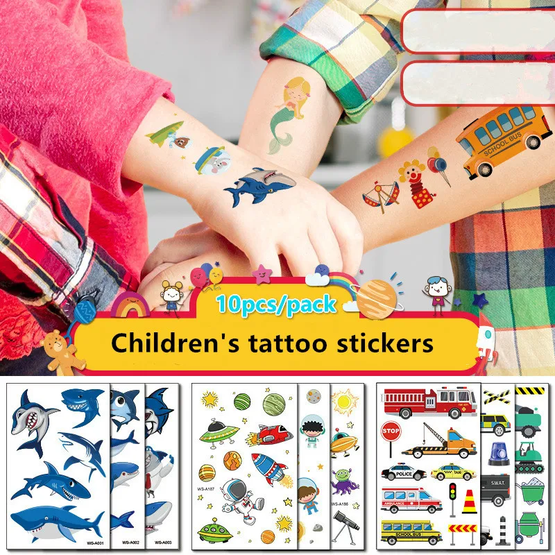 

10pcs/pack Kids Tattoo Stickers Set Waterproof Sweat Cartoon Fun Shark Ocean Car Mermaid Funny Temporary Stickers Christmas Toys