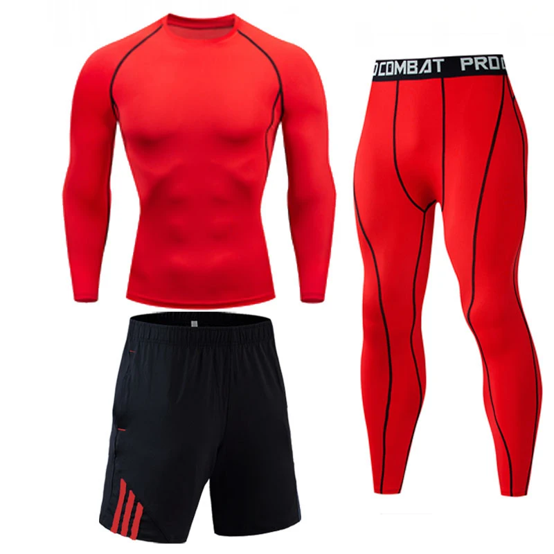 red 3-piece suit Мужская сжатая рубашка с длинным рукавом штаны шорты Фитнес ММА одежда Тактический Рашгард джиу джитсу Кроссфит футболка беговые костюмы - Цвет: red 3-piece suit