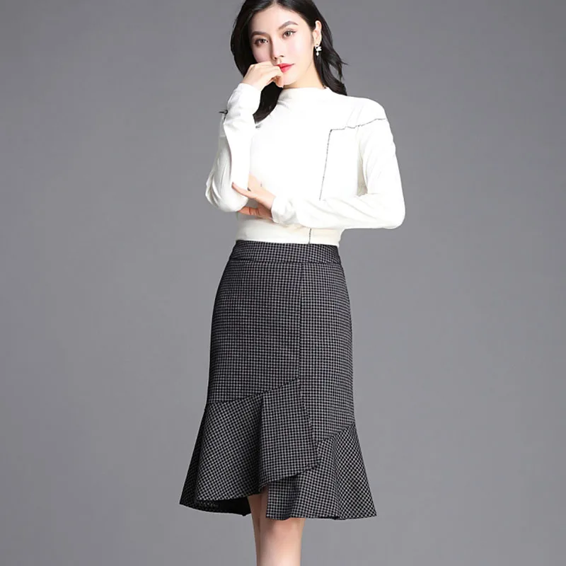 

Autumn Winter womens Korean version stretch plus size fishtail skirt high waist was thin irregular ruffled sexy bag hip skirt