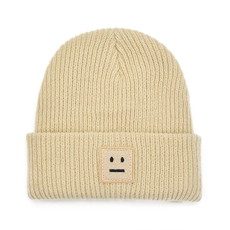 Embroidered Knitted Hat With Sad Expression, Warm Woolen Hat for men and women, beanie, Knitted hat, hip-hop style, men's skullies and beanies