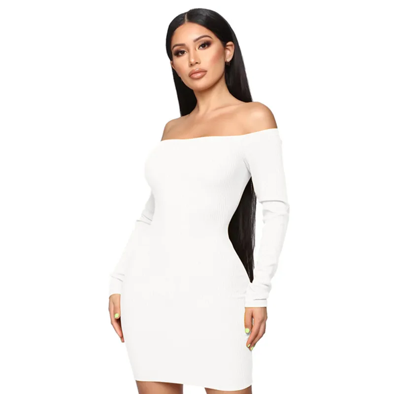 Sexy Slash neck Knitted Long Sleeve Autumn Dress Off Shoulder Slim Mini Club Party Night Dresses Vestidos Black White