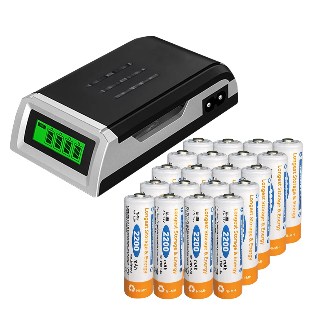 Analong 20шт aa батарея перезаряжаемая 1,2 v nimh 2200mah 2a батарея с ЖК-зарядным устройством для aa aaa 1,2 v батарея