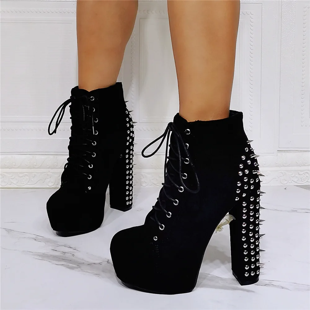 Kolnoo New Elegant Handmade Women Chunky Heels Boots Rivets Spikes Sexy Platform Party Prom Ankle Boots Evening Fashion Shoes