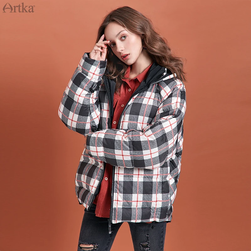 ARTKA зима новое женское пуховое пальто 90% белый утиный пух очень теплая клетчатая куртка повседневное плотное пуховое пальто с капюшоном DK10294D