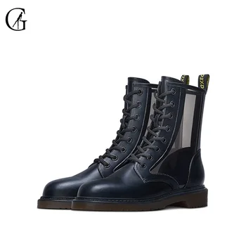 

GOXEOU Women's Ankle Boots Microfiber Matte Black Hollow Mesh Front Lace Fashion Student Office ladies Shoes Size 34-41