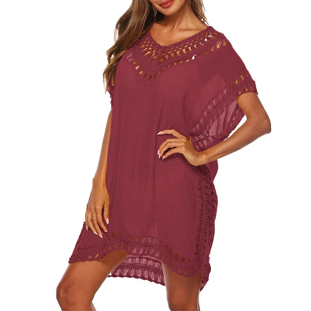 bathing suit and cover up set 2022 Sexy Women Loose Beach Dress Tunic Solid Bikini Cover UP Swimsuit Beachwear Swimwear Hollow Out Beach Dress Robe De Plage bathing suit dress cover ups