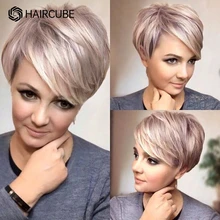HAIRCUBE-Peluca de cabello humano sintético para mujer, postizo de corte Pixie corto, mezcla de cabello en capas con flequillo lateral, color marrón, Rosa