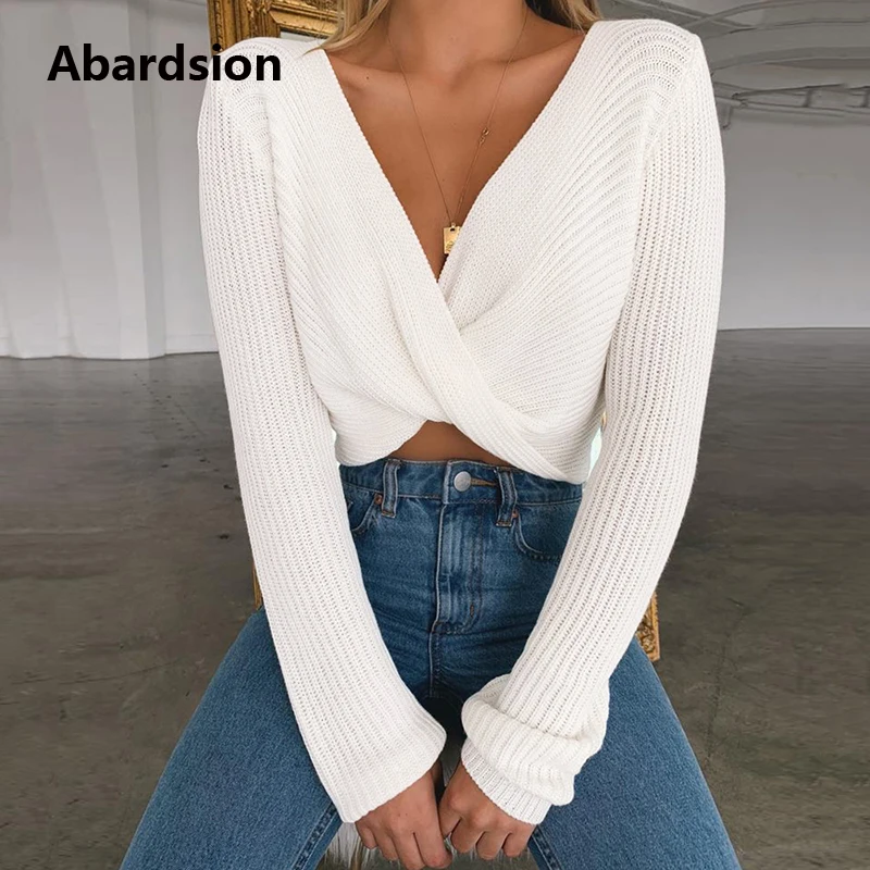 Abardsion, женский короткий свитер, пуловеры,, осенняя, зимняя одежда, джемпер, модный, крест-накрест, v-образный вырез, вязаные, укороченные свитера