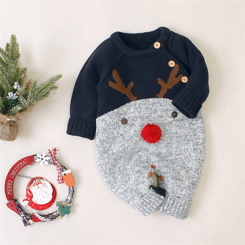 Рождественский детский комбинезон для малышей, свитер для мальчиков и девочек, спортивный костюм с длинными рукавами и рисунком оленя для мальчиков и девочек, трикотажная одежда