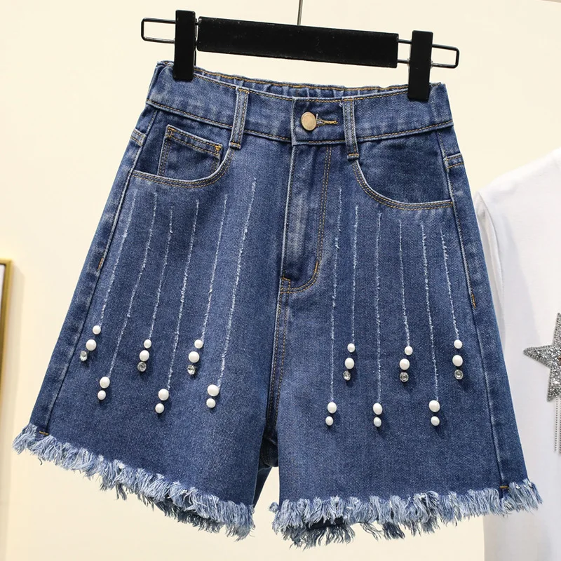 

2020 Summer vintage Beaded Denim Shorts Women's Blue Streetwear Wide Leg High Waist Short Jeans Feminino