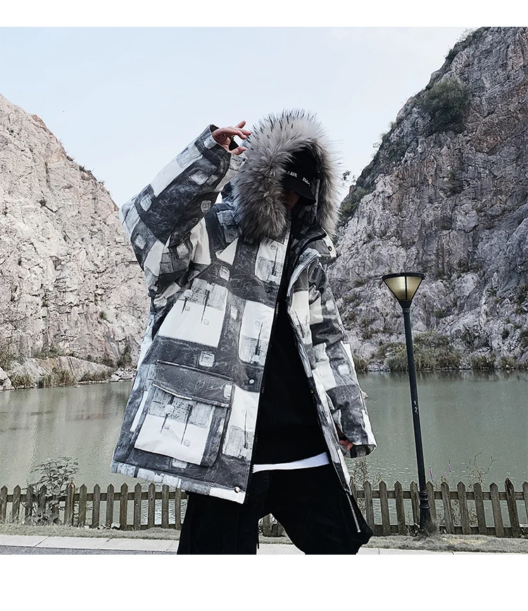 Cotton Winter Jacket Men Thick Warm Hip Hop Winderbreak Man Loose Outwear Streetwear Hooded Winter Parka Jackets Male Plaid Coat