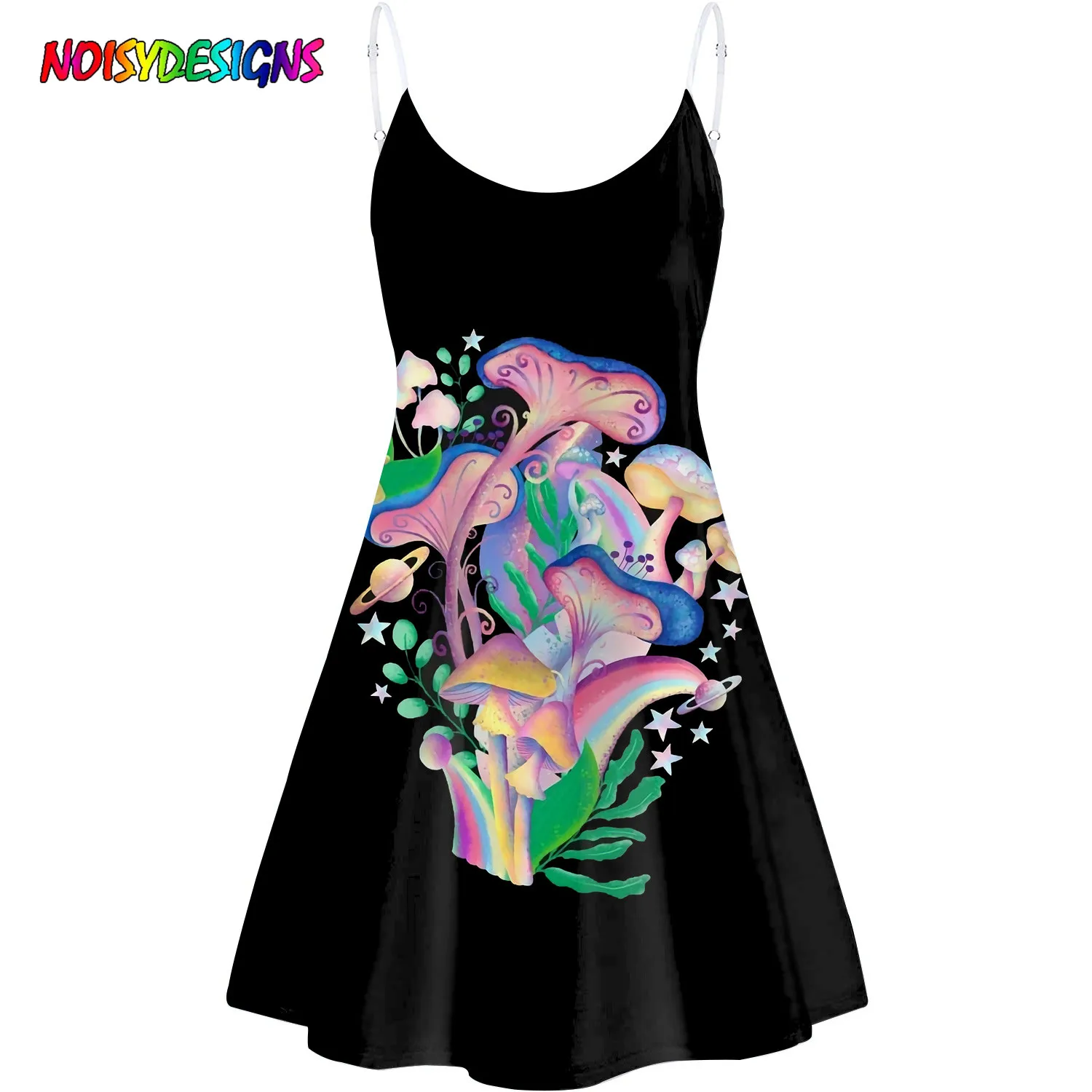 

NOISYDESIGNS Fashion Women Holiday Short Dress Summer Magic Mushroom Galaxy Printed Dress Sexy Sling Sleeveless Dress Vestido