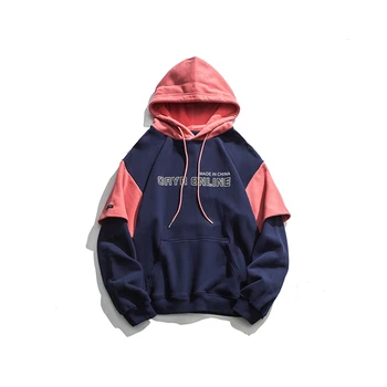 

2019 Men's Patchwork Hooded Sweatshirt Male Fake Two Pieces Letter Printing Streetwear Autumn Fashion Thick Doodie Y1942