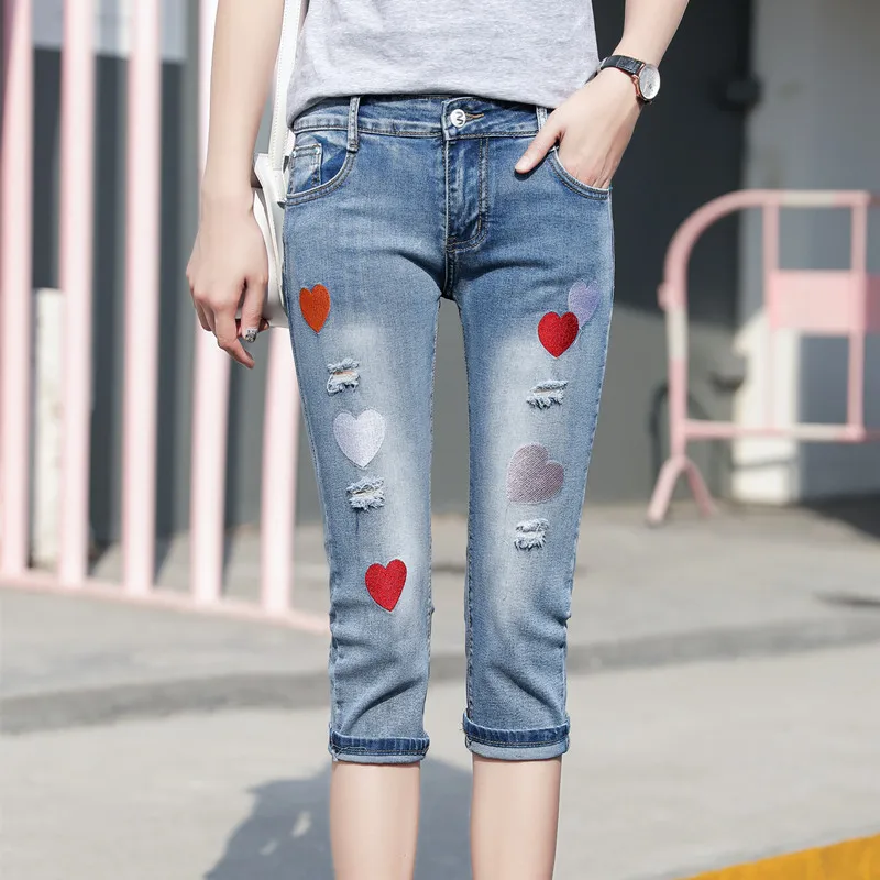Heart Embroidered Capri Jeans Women Summer Plus Size Ripped Shorts Jeans Ladies Casual Slim Fit Skinny Jeans Push Up Denim Pants Heart Embroidered Capri Jeans Women Summer Plus Size Ripped Shorts Jeans Ladies Casual Slim Fit Skinny Jeans Push Up Denim Pants