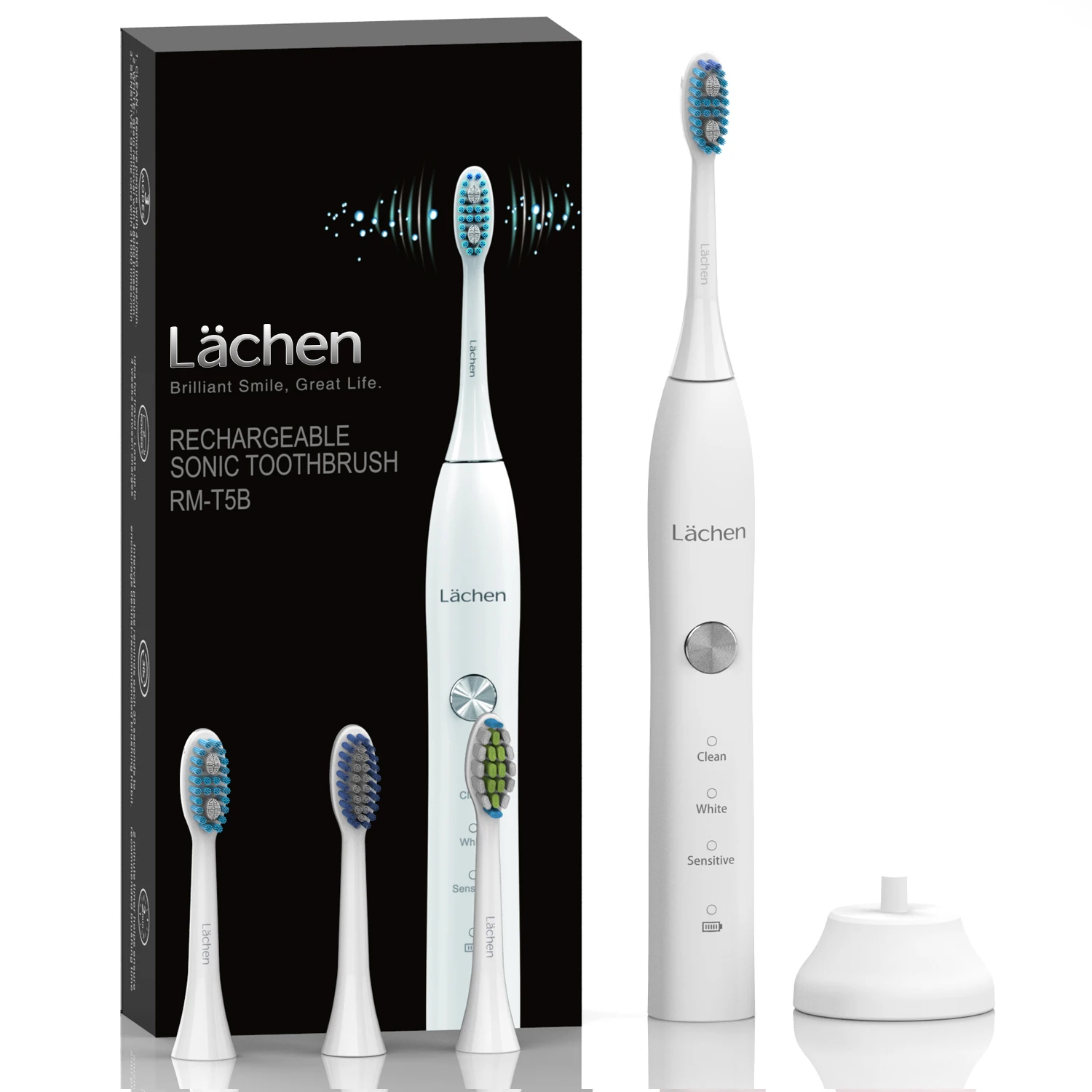 

Lachen T5B Sonic Electric Toothbrush With 4 Brush Heads 3 Modes Timer USB charging 60 Days Battery Life IPX7 Waterproof 4 Colors