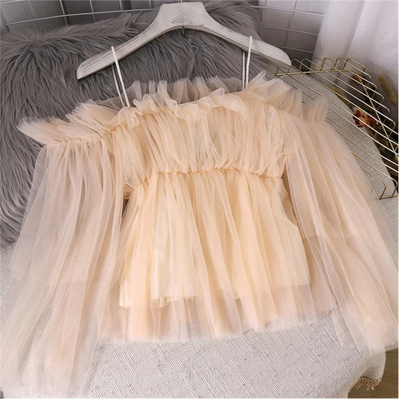 

Топ женский на весну и лето, новинка, топ-труба, с односторонним воротником, без бретелек, с расклешенными рукавами, короткая сетчатая рубашка