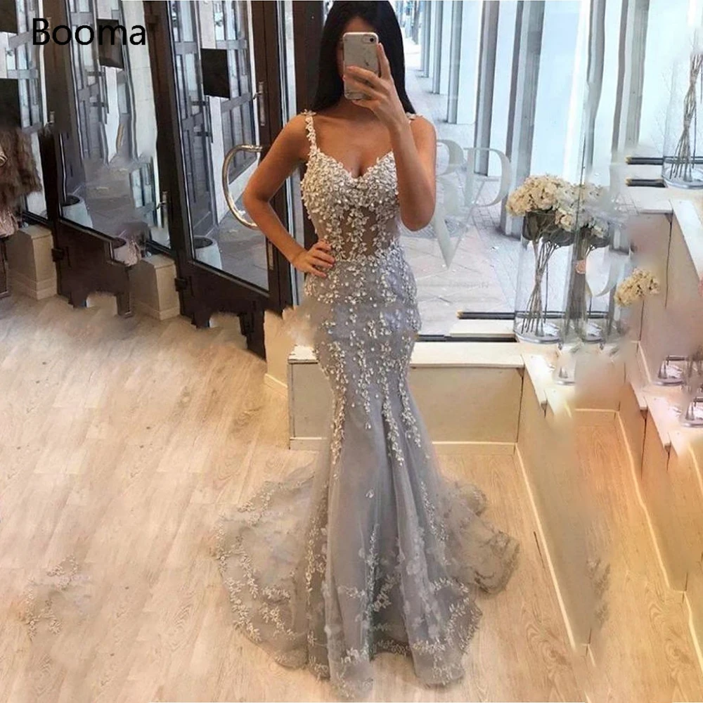

Grey Mermaid Evening Dresses Sweetheart Beaded Appliques Trumpet Formal Gowns Spaghetti Straps Long Prom Dresses Plus Size