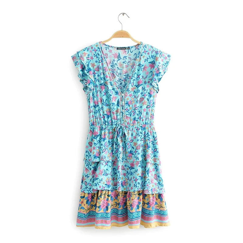 SW1032 Chu Sau beauty Boho Цветочный Принт ламинированное платье миди для женщин Праздник шик листьев лотоса рукав выдалбливают летние мини платья для женщин - Цвет: SW1032
