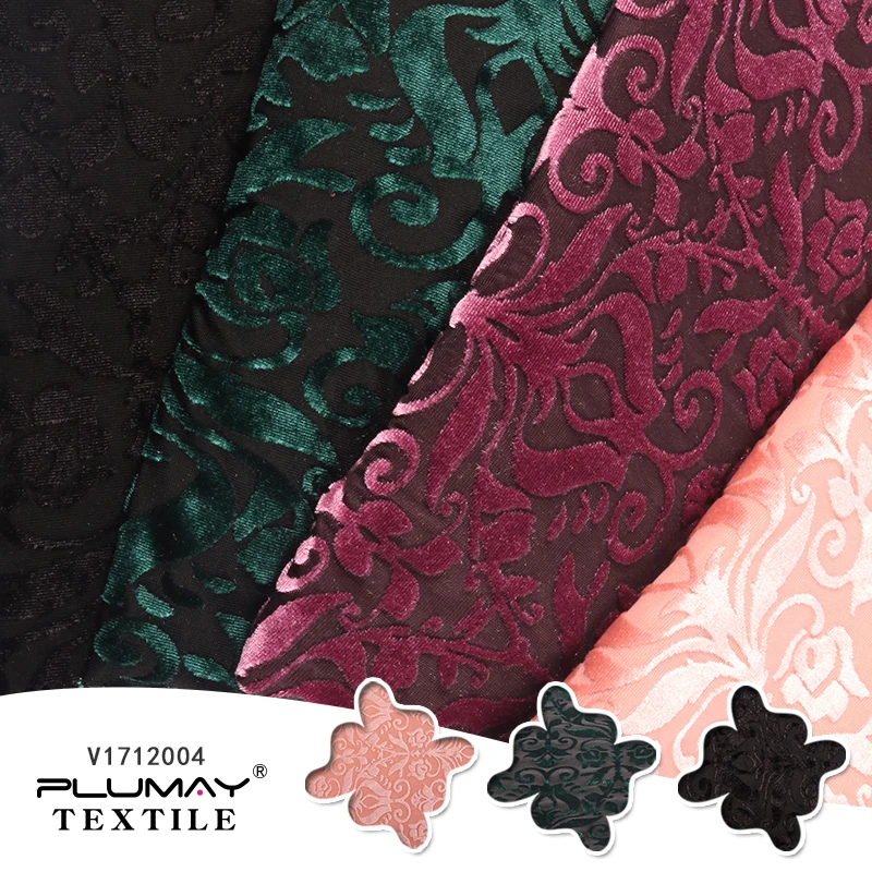 

Multicolor knitted soft four way stretch damask silk burnout velvet fabric for stage costumes party dress garment