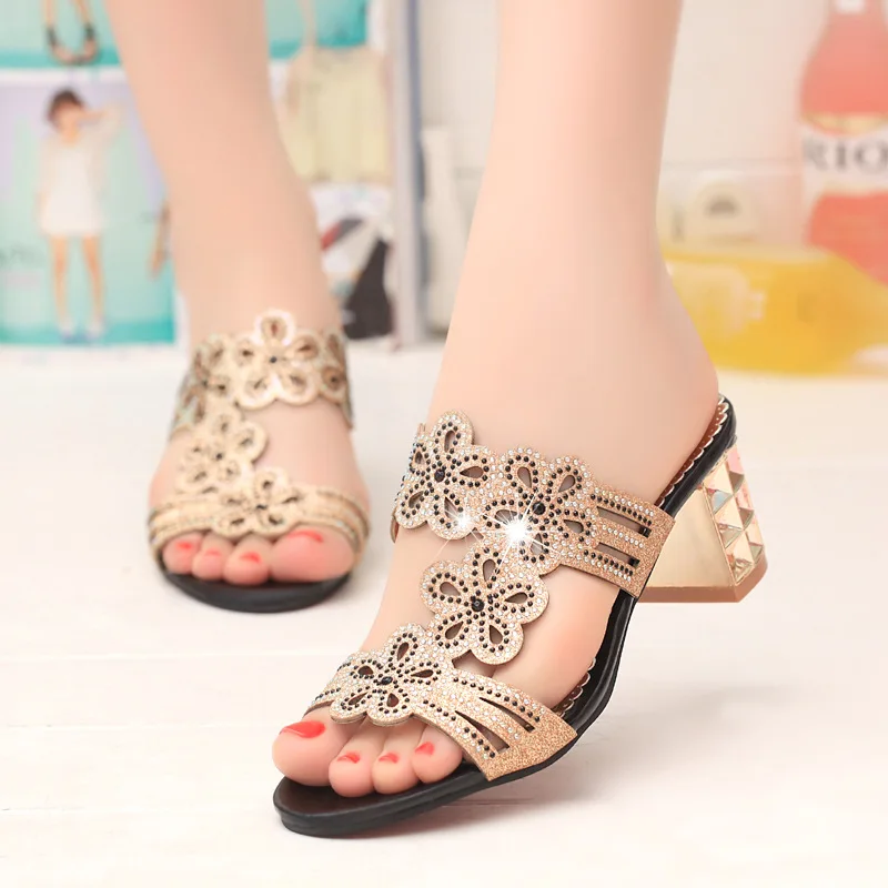 

2017 Summer New Style Sandals Europe And America Man-made Diamond Chunky Semi-high Heeled WOMEN'S Shoes Fish Mouth-Women's Sanda