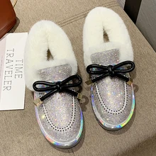 Новинка года; Роскошные Блестящие Зимние сапоги с украшением в виде кристаллов и теплым Плюшевым Мехом; удобные зимние сапоги без застежки на плоской подошве; Цвет черный, серебристый; модные