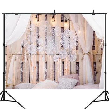 

Lyavshi Boudoir Bed Wooden Board Pillow Curtain Pendant photography backdrops indoor photo background For Photo Studio