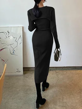 Elegant sexy two-piece knitted long sleeve bodycon ankle-length dress korean basic sheath dress