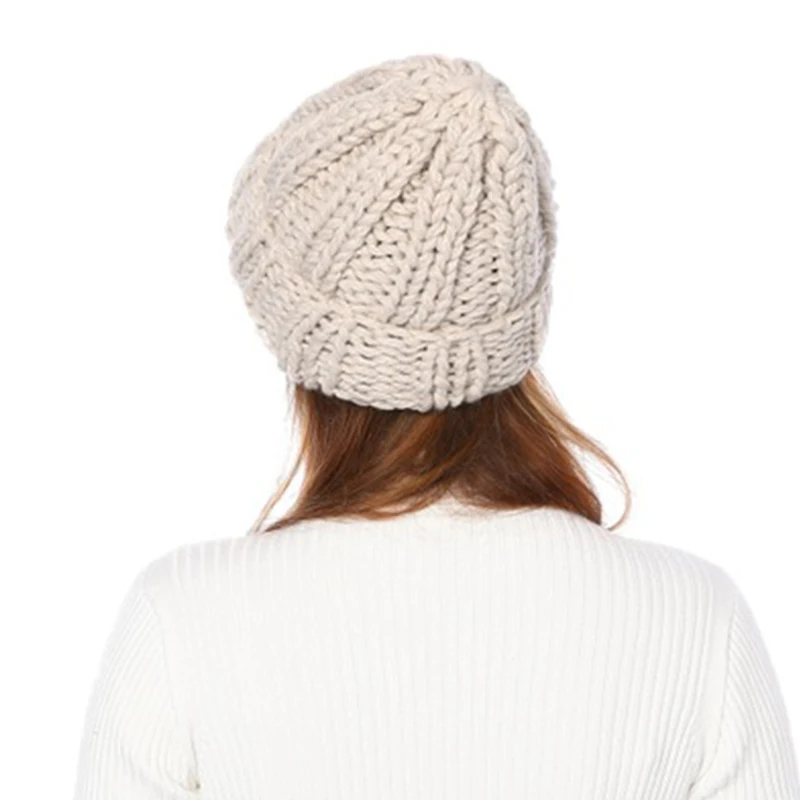 Beige Womens Coarse Crimping Wool Winter Hats For Girls Handmade Warm Thick Beanie Knitted Hats Women Winter Soft Solid 12 Colors Cap - Цвет: Beige
