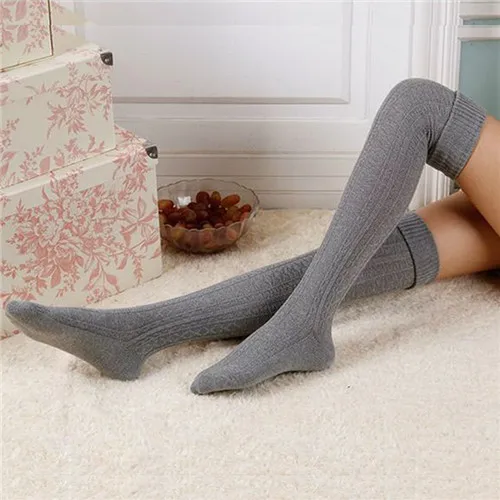1 Pair Women Girl Over Knee High Socks Spring Autumn Winter Warm Knit Soft Thigh High Long Socks solid color loose socks - Цвет: Dark Gray